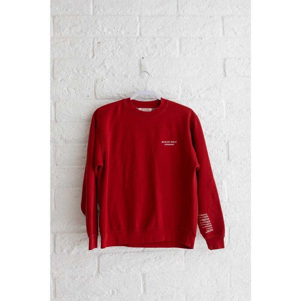 Red Crewneck Sweatshirt “We’re Not Really Strangers” Quote Sleeve Print Pullover